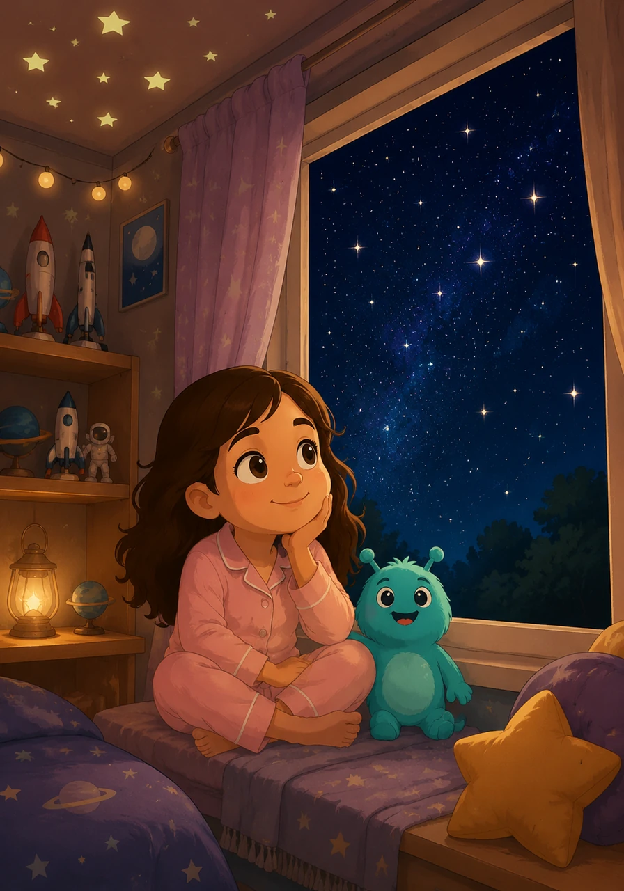 In her cozy, warm bedroom filled with rocket models and glowing ceiling stickers, a curious little girl named Stella sits by her window. She gazes up at the vast night sky with wide, wondering eyes, marveling at the millions of twinkling stars dancing in the darkness.
