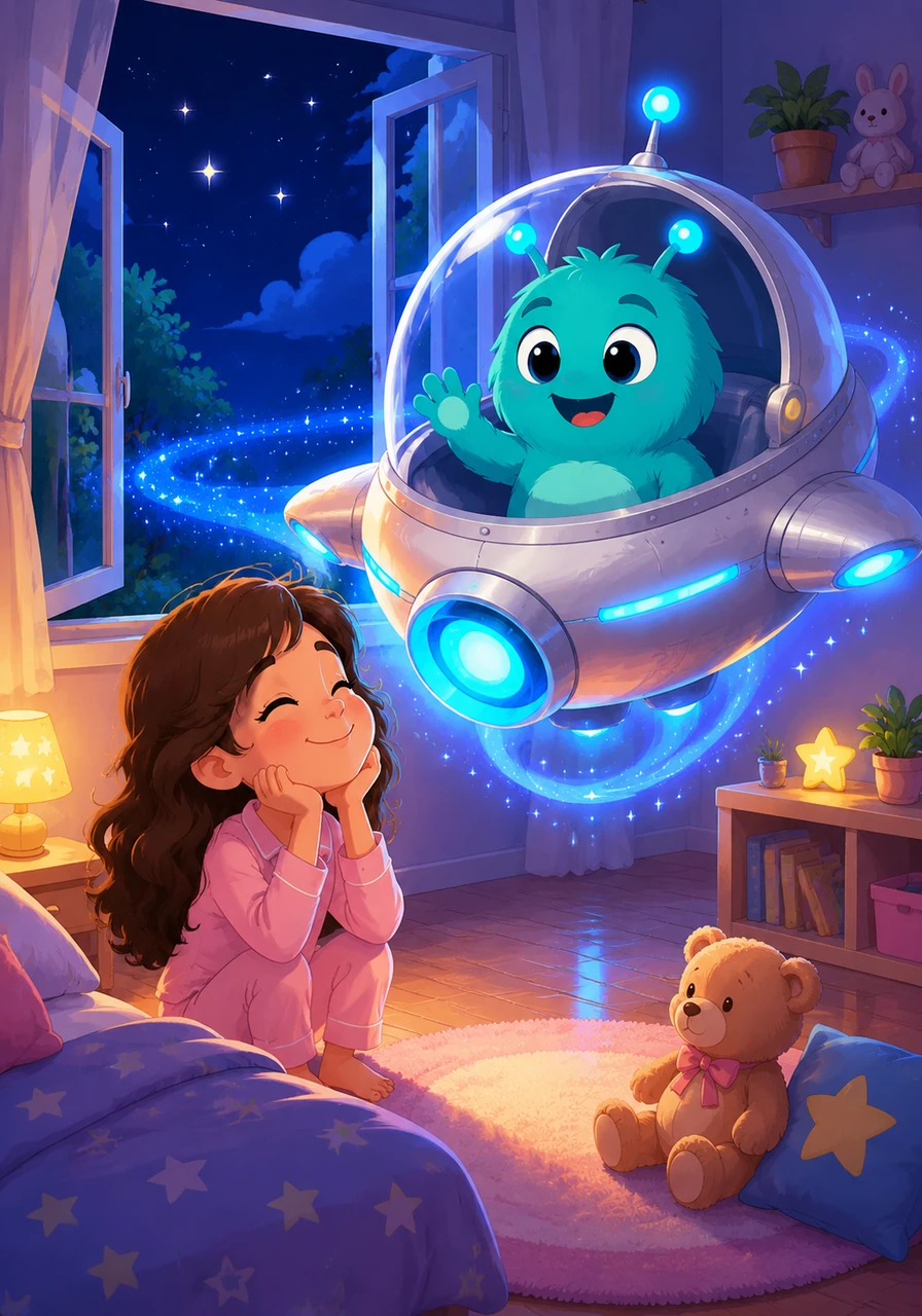 Resting her chin on her hands, Stella closes her eyes tightly and whispers a heartfelt wish into the quiet night, hoping against hope that she might one day visit the beautiful stars above. Suddenly, a bright silver mini-rocket ship with sparkling blue lights swoops gracefully through her open window and hovers in the middle of her room.