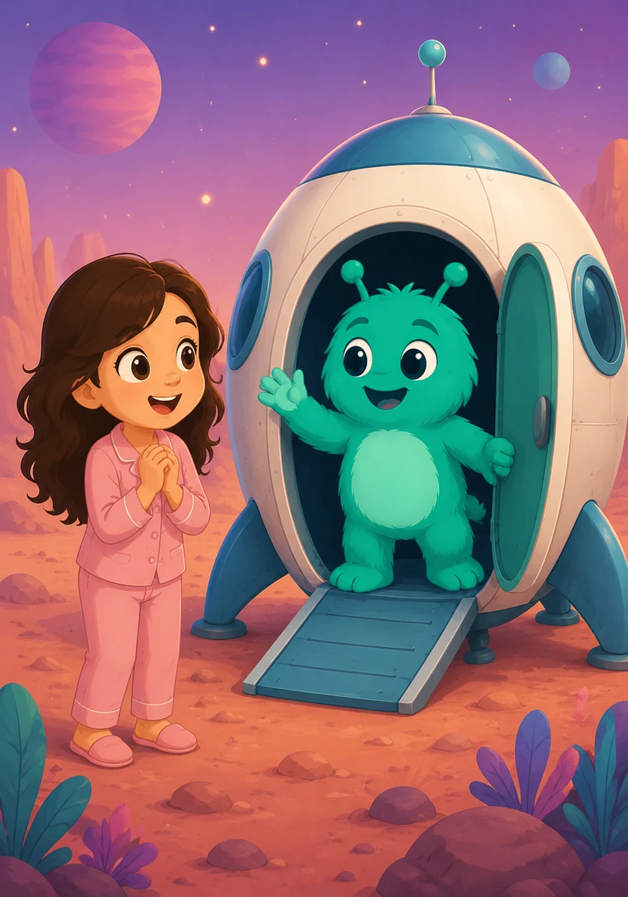 The tiny rocket door opens with a cheerful beep, and a friendly, fuzzy green alien with big gentle eyes and a warm smile pops out to greet her. He introduces himself as Cosmo and asks Stella if she is ready for an unforgettable adventure across the cosmos.