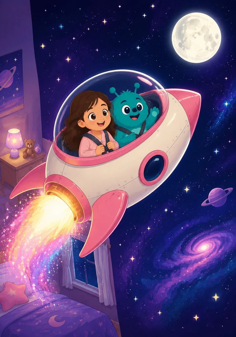 Stella eagerly climbs inside the sleek spaceship, buckling up next to her enthusiastic new friend. With a powerful roar and a spectacular shower of shimmering cosmic sparkles, the little rocket blasts off from her bedroom and zooms past the glowing white moon into the deep, twinkling universe.