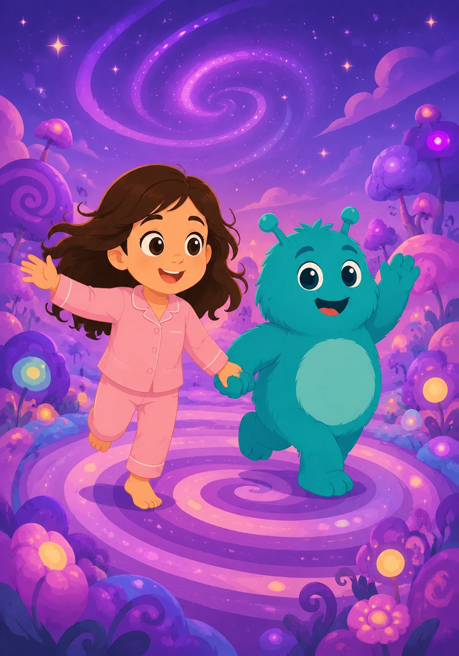 Their first stop is the spectacular Planet Twirl, a vibrant world surrounded by giant, colorful rings that spin merrily like hula hoops in the purple sky. Stella laughs with delight as Cosmo maneuvers the rocket right through the shimmering, spinning bands of light.