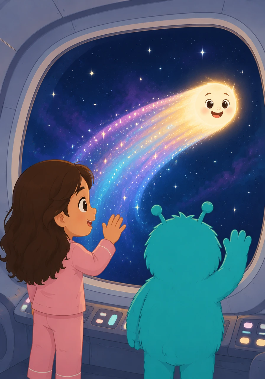 As they cruise deeper into space, a friendly comet with a bright, glowing head dances right alongside their window. Stella and Cosmo wave happily at the cosmic traveler, which leaves behind a long, magical trail of glittering, iridescent stardust in the dark void.