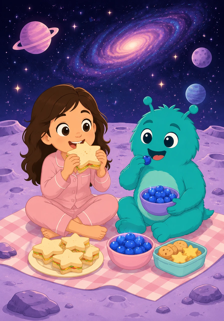 They land on a soft, pastel-purple moon for a unique space picnic under a canopy of distant galaxies. Stella bites into a delicious star-shaped sandwich and tries bright blue space berries that burst with the sweet, warm taste of pure sunshine.