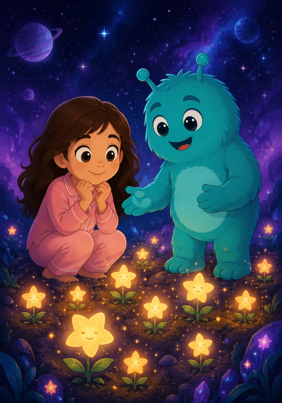 Cosmo takes Stella to his favorite secret spot in the universe: the enchanted Star Garden, where tiny baby stars grow out of the cosmic soil like glowing, delicate flowers. Cosmo explains that these special little stars need the pure sound of happy laughter to grow strong and shine bright.