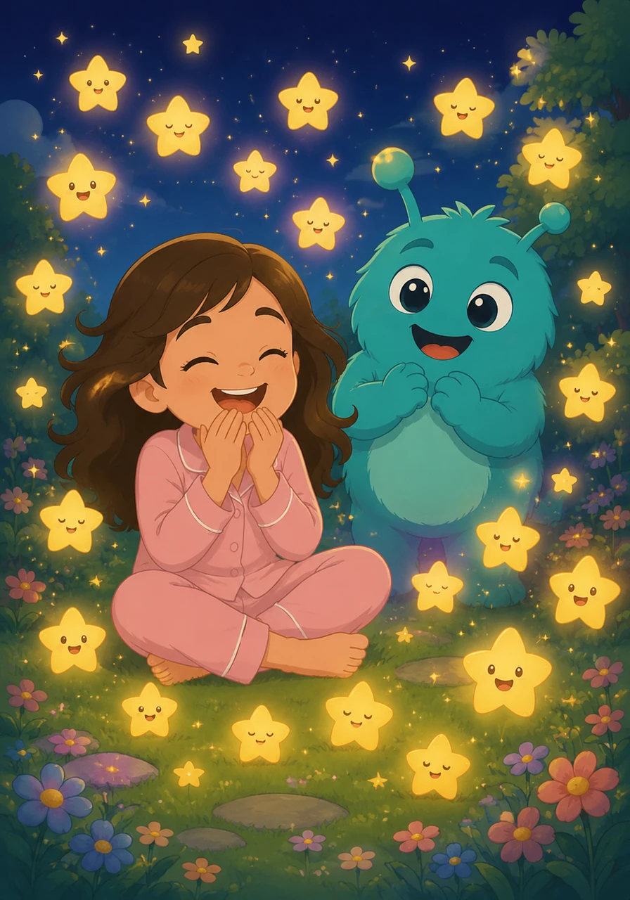 Stella bursts into a joyful fit of giggles, letting out big, happy laughs that echo beautifully through the peaceful garden. Right before her eyes, dozens of tiny, sleepy baby stars wake up, twinkling brighter and harder than ever before as they chime a sweet thank you to her.