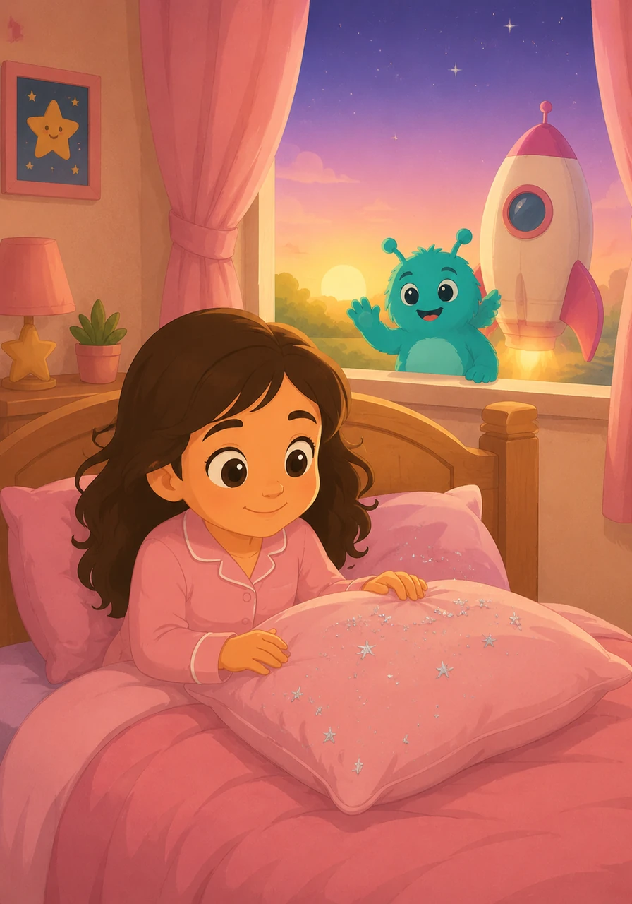 After a magical night of exploring, the little rocket gently brings Stella back to her warm, comfy bed just as the first morning light begins to break. She wakes up the next morning finding real silver sparkles on her pillow, knowing in her heart that the stars will always be smiling just for her.