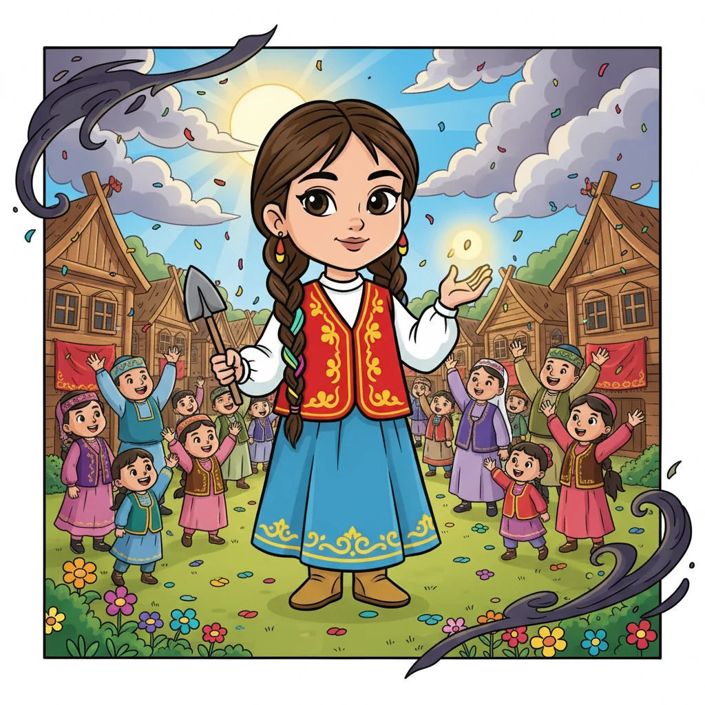 Жанар сиқыршыны жеңеді және ауылды құтқарады. Қараңғылық жойылады, күн қайтадан жарқырай бастайды. Адамдар Жанарды батыр ретінде қарсы алады.