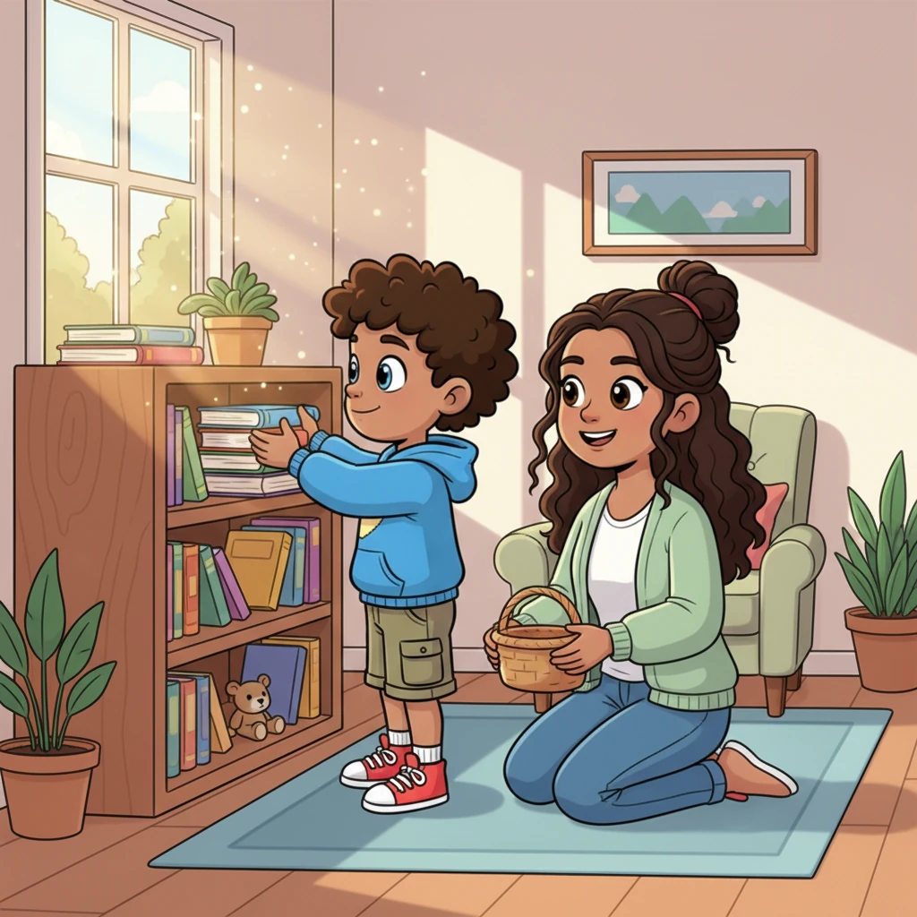 Cayson, a bright-eyed boy with a cheerful grin, helps his mommy tidy up their cozy living room. He carefully stacks books on a shelf, his small hands working diligently to make her day a little easier. Sunlight streams through the window, illuminating dust motes dancing in the air, creating a warm and inviting atmosphere around them.