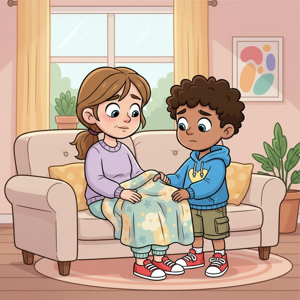 Mommy sits on the sofa, looking a little tired and pale, but she offers Cayson a soft smile. Her condition, Nutcracker Syndrome, sometimes makes her feel very sick, and Cayson's heart aches to see her unwell. He gently places a blanket over her lap, his brow furrowed with concern and love.