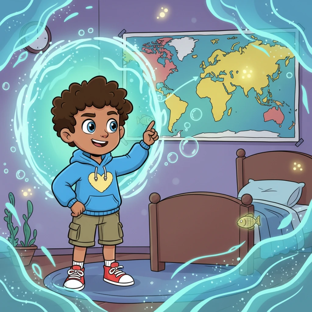 Later, in his room, Cayson gazes at his colorful world map, a mischievous spark igniting in his eyes. He decides right then and there that Mommy needs a grand adventure, even if she can't leave her bed. With a determined nod, his imagination takes flight, transforming his room into a shimmering underwater portal.