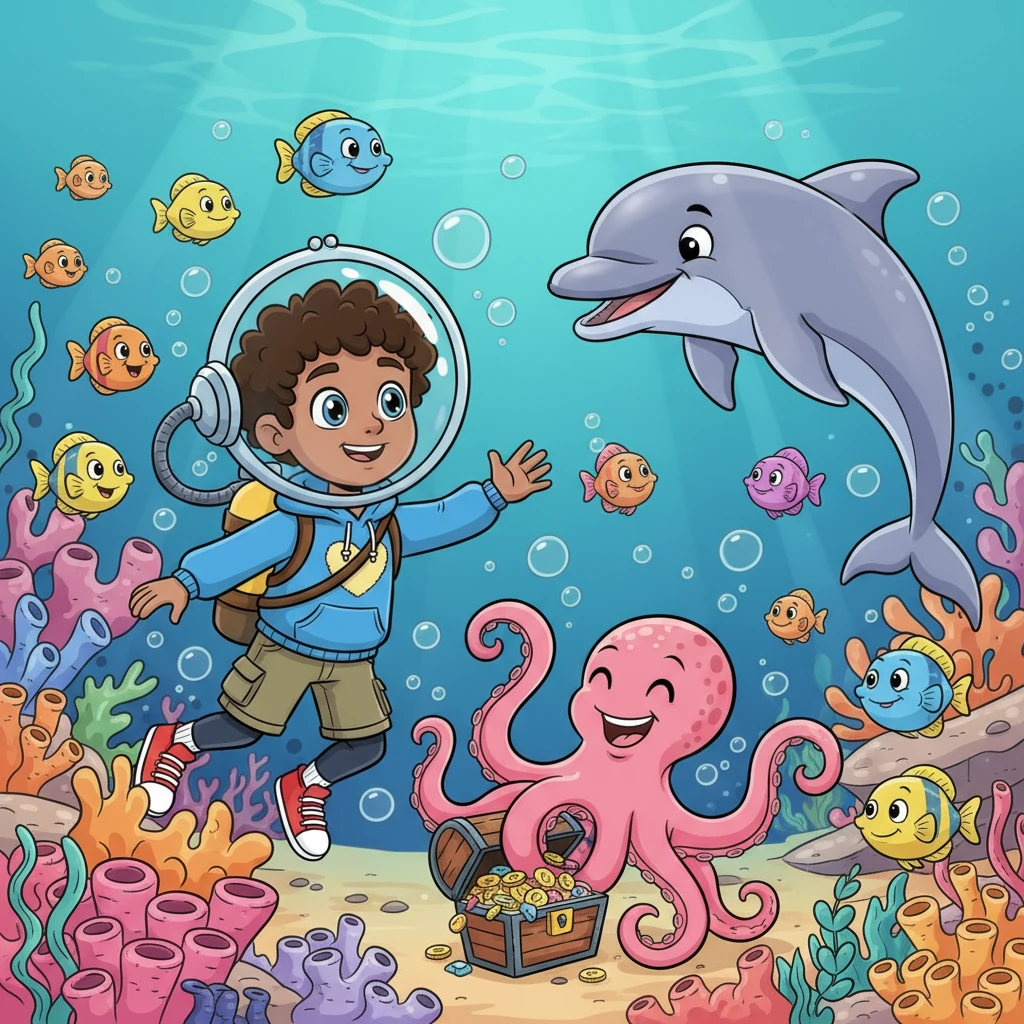 Suddenly, Cayson is a brave deep-sea explorer, surrounded by a kaleidoscope of friendly, smiling fish and a giggling octopus with swirling tentacles. He glides through vibrant coral reefs, marveling at the sunken treasures and playful sea creatures. Bubbles float playfully around him as he waves to a curious dolphin.