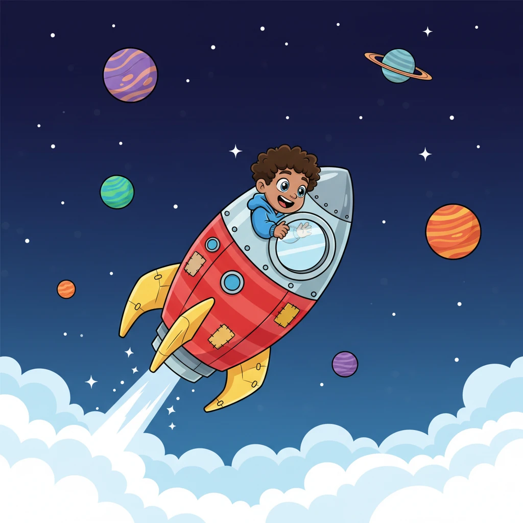 Just as quickly, Cayson's adventure shifts, and he finds himself strapped into a whimsical, homemade rocket ship, soaring past fluffy clouds and into the starry expanse of outer space. Colorful planets with swirling patterns twinkle around him like giant marbles. He lets out a joyful whoop, his face pressed against the rocket's window.