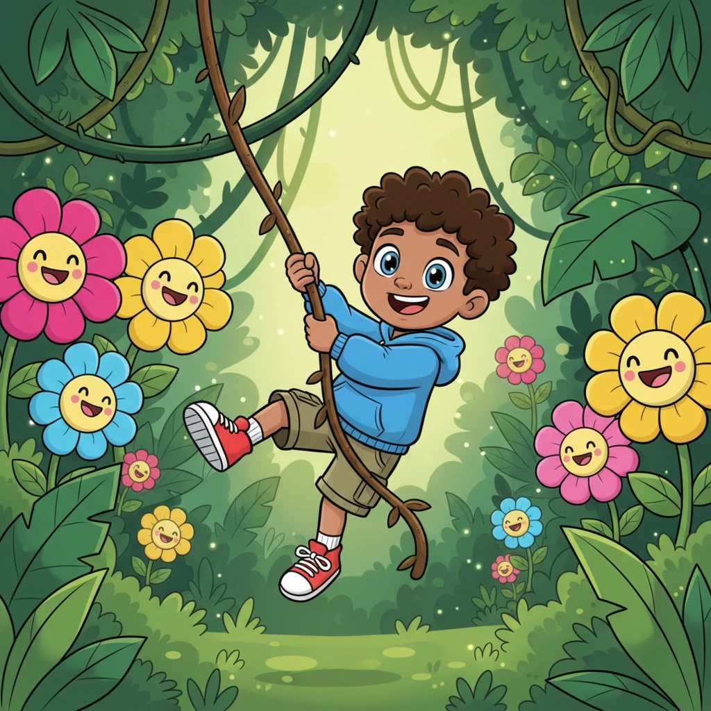 His next imaginative leap lands him deep within an ancient, emerald-green jungle, where giant, smiling flowers bloom in every color imaginable. Cayson, now a courageous adventurer, swings from thick, cartoonish vines with a wide grin. He feels the thrill of exploration, ready for whatever wonders await him.