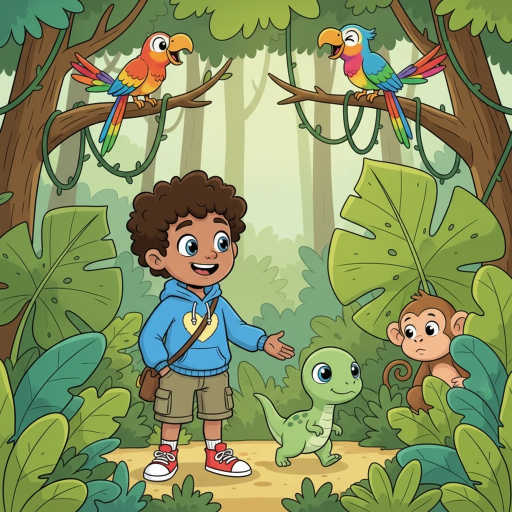 Amidst the lush foliage, Cayson encounters a playful baby dinosaur with bright, curious eyes, who waddles happily beside him. Exotic birds with rainbow feathers perch on towering trees, singing cheerful melodies. He shares a giggle with a shy monkey peeking from behind a giant leaf.