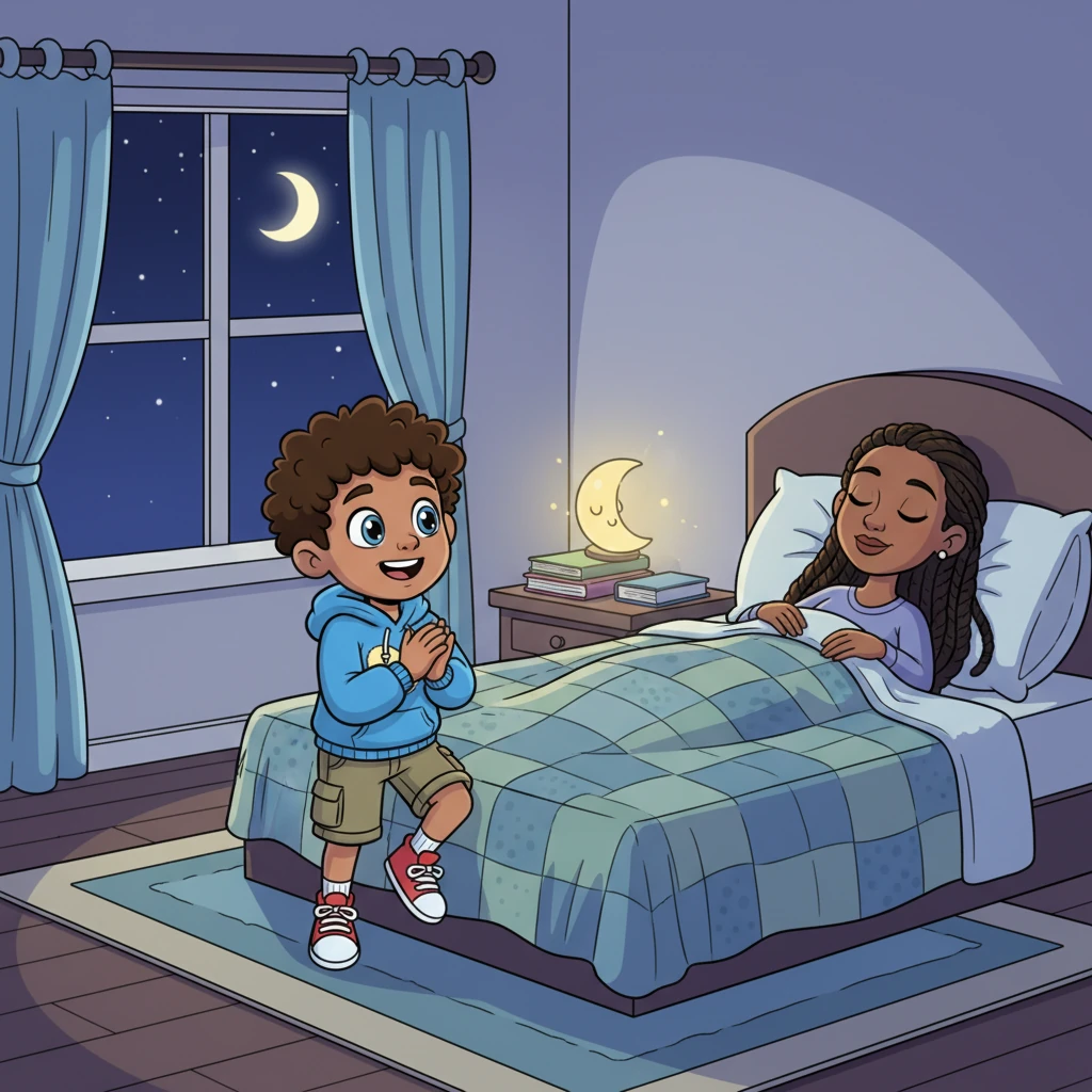 As evening falls, Cayson is back in his cozy room, but his eyes still sparkle with the magic of his day's journeys. He tiptoes into Mommy's bedroom, where she lies resting. He sits gently by her bed, bursting with incredible stories he can't wait to share.