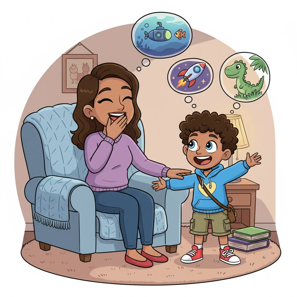 Mommy smiles, her eyes warm with love, as Cayson animatedly recounts his fantastic adventures to the deep sea, outer space, and ancient jungles. He describes every detail, making her laugh with his funny voices and exaggerated gestures. Later, they snuggle close, reading a beloved book together, bathed in the soft glow of the bedside lamp, their hearts full of love.