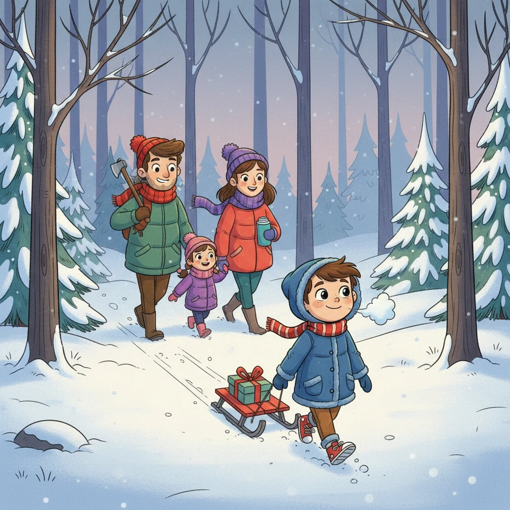 Warm eingepackt in dicke Mäntel, Mützen und Schals, machten sich Leo, seine Eltern und seine kleine Schwester Mia auf den Weg. Papa trug eine Axt und Mama eine Thermoskanne mit heißem Kakao. Der Schnee knirschte unter ihren Stiefeln.