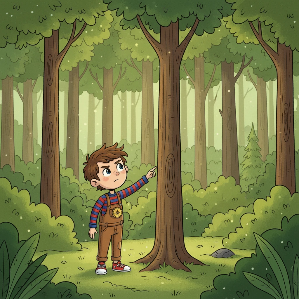 Tief im Wald entdeckten sie einen hohen, schlanken Baum. "Der ist aber groß!", rief Mia. Doch Leo schüttelte den Kopf. "Er ist zu dünn und sieht ein bisschen wackelig aus", sagte er, und die Familie zog weiter.