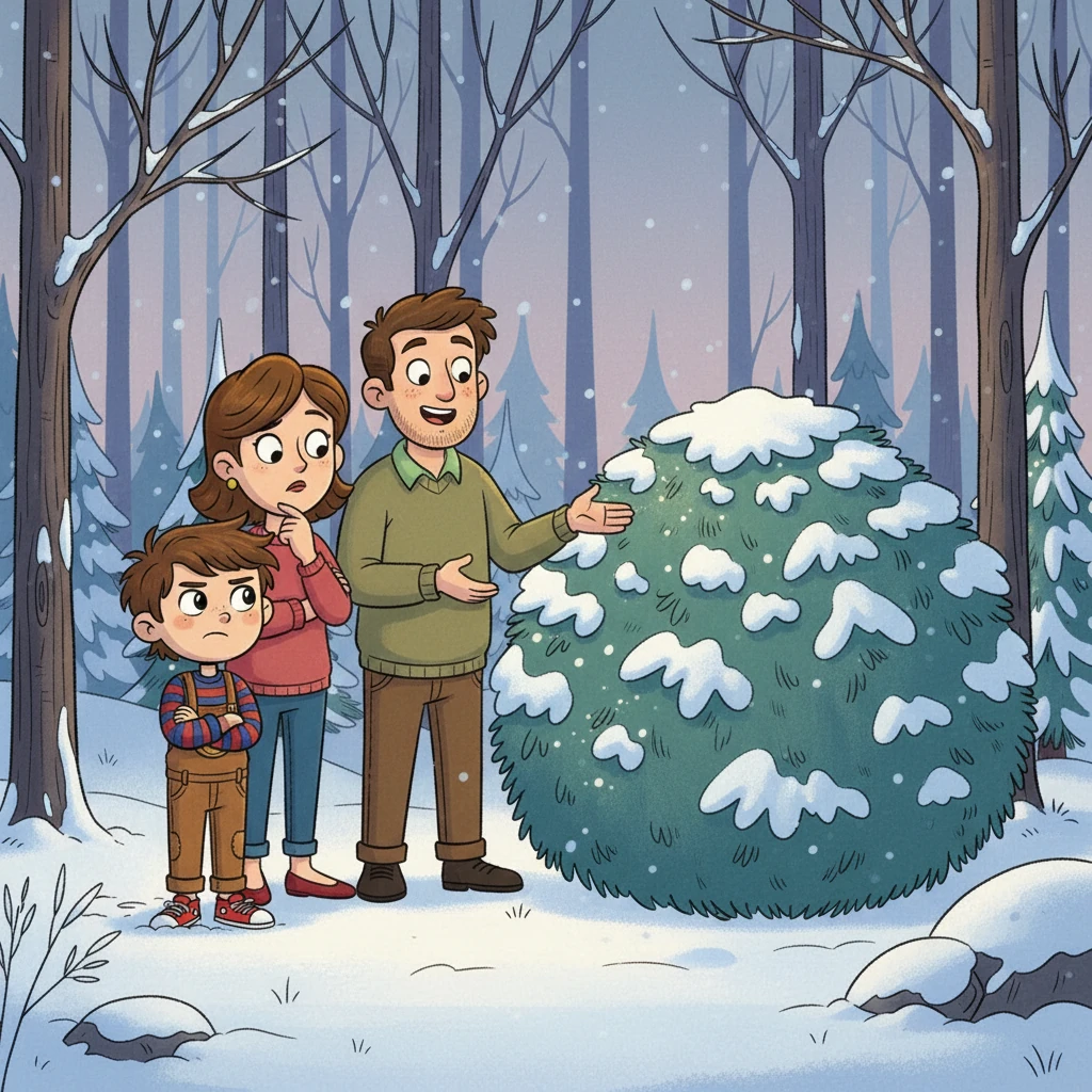 Kurz darauf stießen sie auf einen breiten, buschigen Baum. Papa rief begeistert: "Der ist doch perfekt!" Mama überlegte, ob er überhaupt durch die Tür passen würde, und Leo fand ihn einfach zu rund.