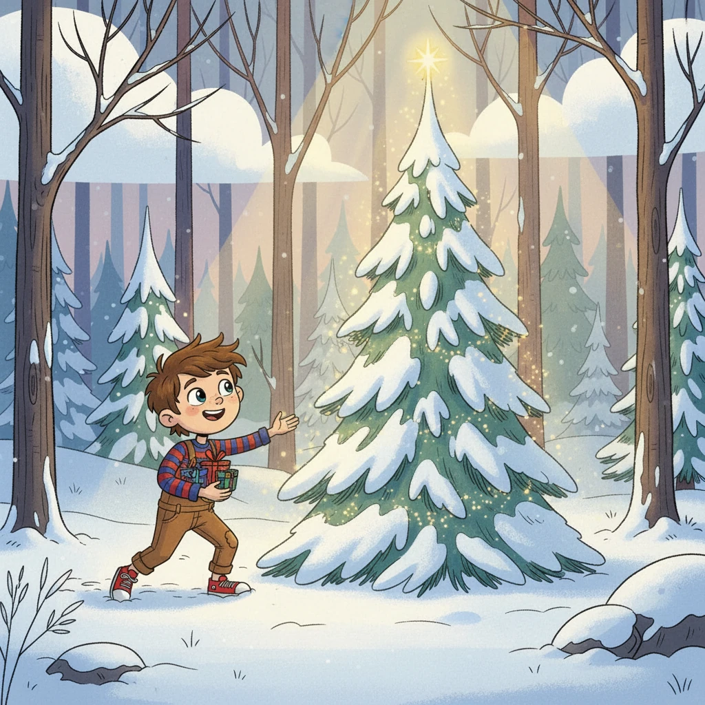 Erfrischt setzten sie ihren Weg fort und entdeckten plötzlich eine kleine, versteckte Lichtung. Ein Sonnenstrahl brach durch die Wolken und beleuchtete einen einzelnen Baum, der wie von Zauberhand dort stand.