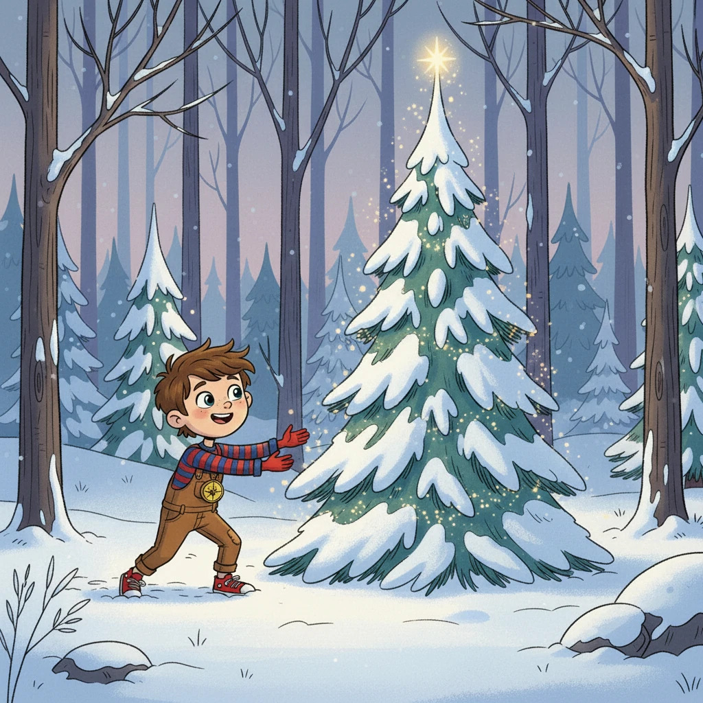 Der Baum war einfach wunderschön. Er war nicht zu hoch und nicht zu breit, hatte perfekt geformte Äste und glitzerte im Schnee. Leo strahlte: "Das ist er! Unser perfekter Weihnachtsbaum!"