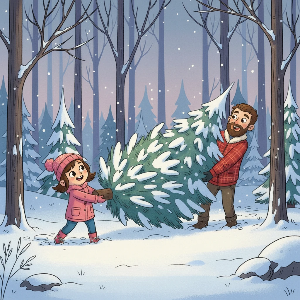 Papa fällte den Baum vorsichtig, während Leo und Mia aufgeregt zusahen. Gemeinsam zogen sie den Baum durch den tiefen Schnee zurück zum Auto. Ihre Herzen waren erfüllt von Freude und Stolz.