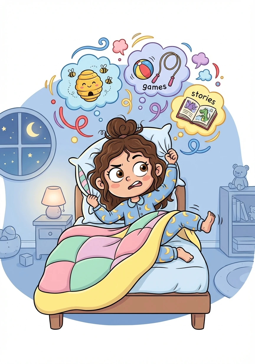 Luna snuggled in her bed, but her mind was buzzing like a beehive! Thoughts of tomorrow's games and yesterday's stories swirled around and around, keeping her wide awake.