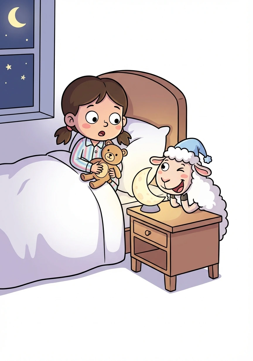 Suddenly, a fluffy sheep wearing a tiny nightcap popped its head over her bedside table. 'Can't sleep, Luna?' it whispered. 'I'm Baa-bara, and I'm here to help!'
