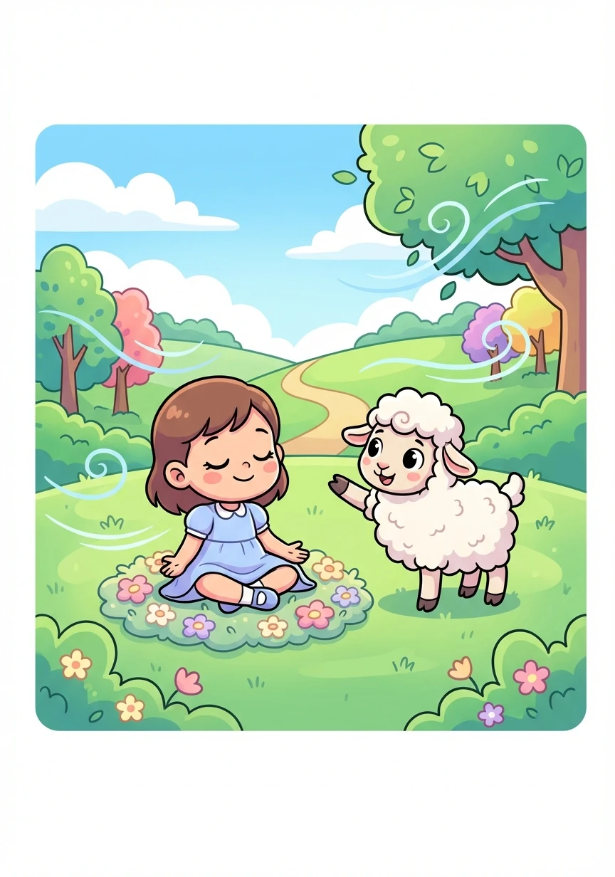 Next, Baa-bara guided Luna to imagine a peaceful meadow. Soft grass tickled her toes, and gentle breezes rustled through the leaves.