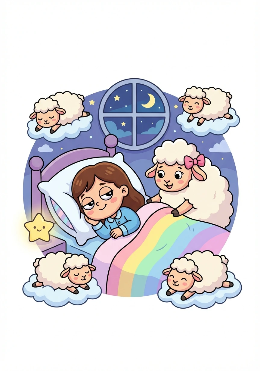 Finally, Luna felt her eyelids getting heavy. She thanked Baa-bara for her help, snuggled into her pillow, and drifted off to a peaceful, dream-filled sleep, surrounded by happy sheep.