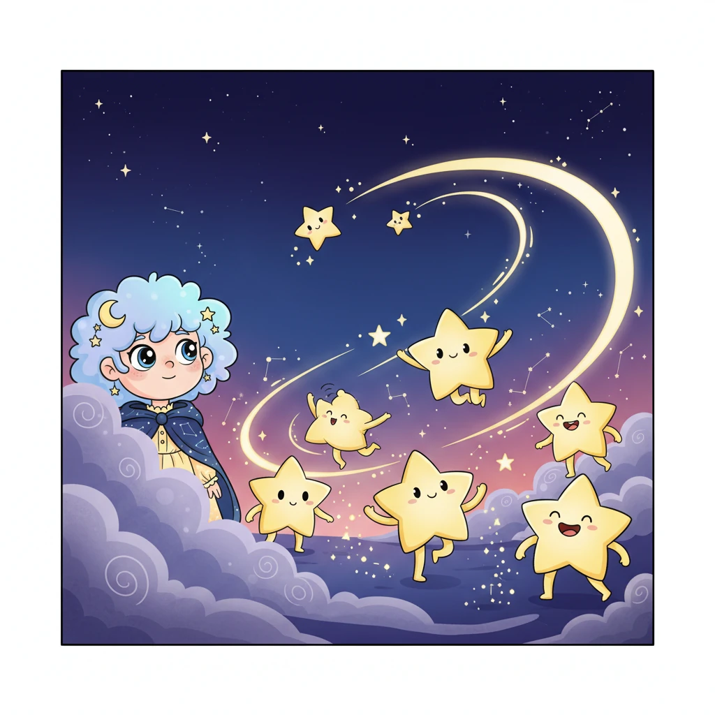 Luma watched as her star friends danced and twinkled with joyful exuberance, their lights painting streaks across the cosmic canvas. She longed to join them, to shine just as brightly, but a little flutter of shyness always kept her hidden. Smooth, slow camera transition glides across the serene starlit sky, highlighting Luma's wistful expression.
