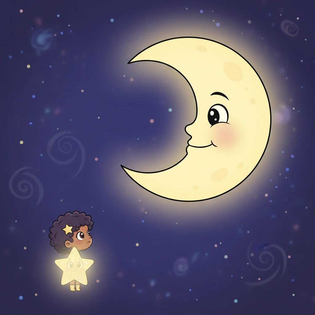 One evening, the grand, gentle Moon, with a serene smile illuminating the vastness, noticed Luma's quiet glow. The Moon's light was a comforting, warm yellow, casting a soft halo. The background blurs slightly, emphasizing the Moon's kind presence as it slowly turns its gaze towards the shy star.