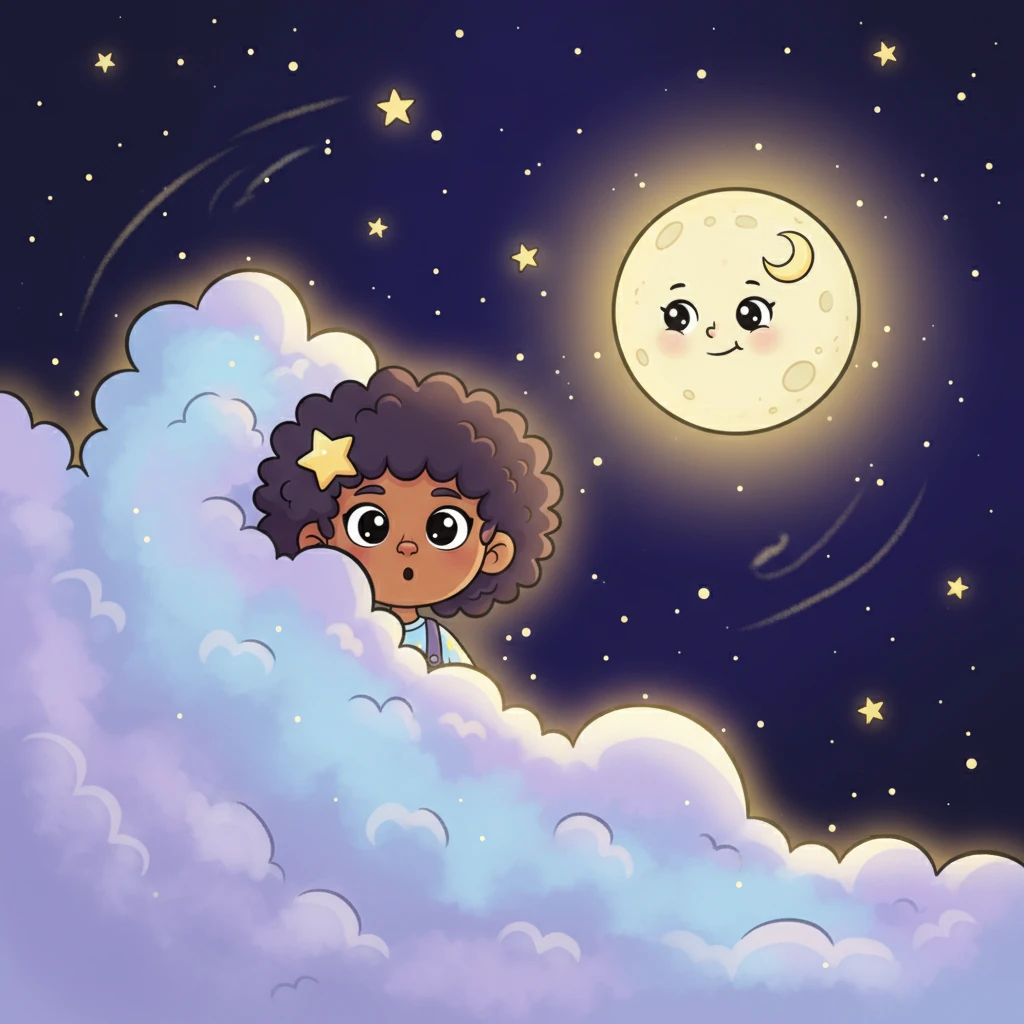 With a slow, graceful glide, the Moon drifted closer to Luma, its warm light enveloping the little star in a comforting embrace. Luma, surprised but not afraid, slowly peeked out from behind a large, fluffy nebula. The scene is bathed in a soft, inviting glow, making the space feel safe and calm.