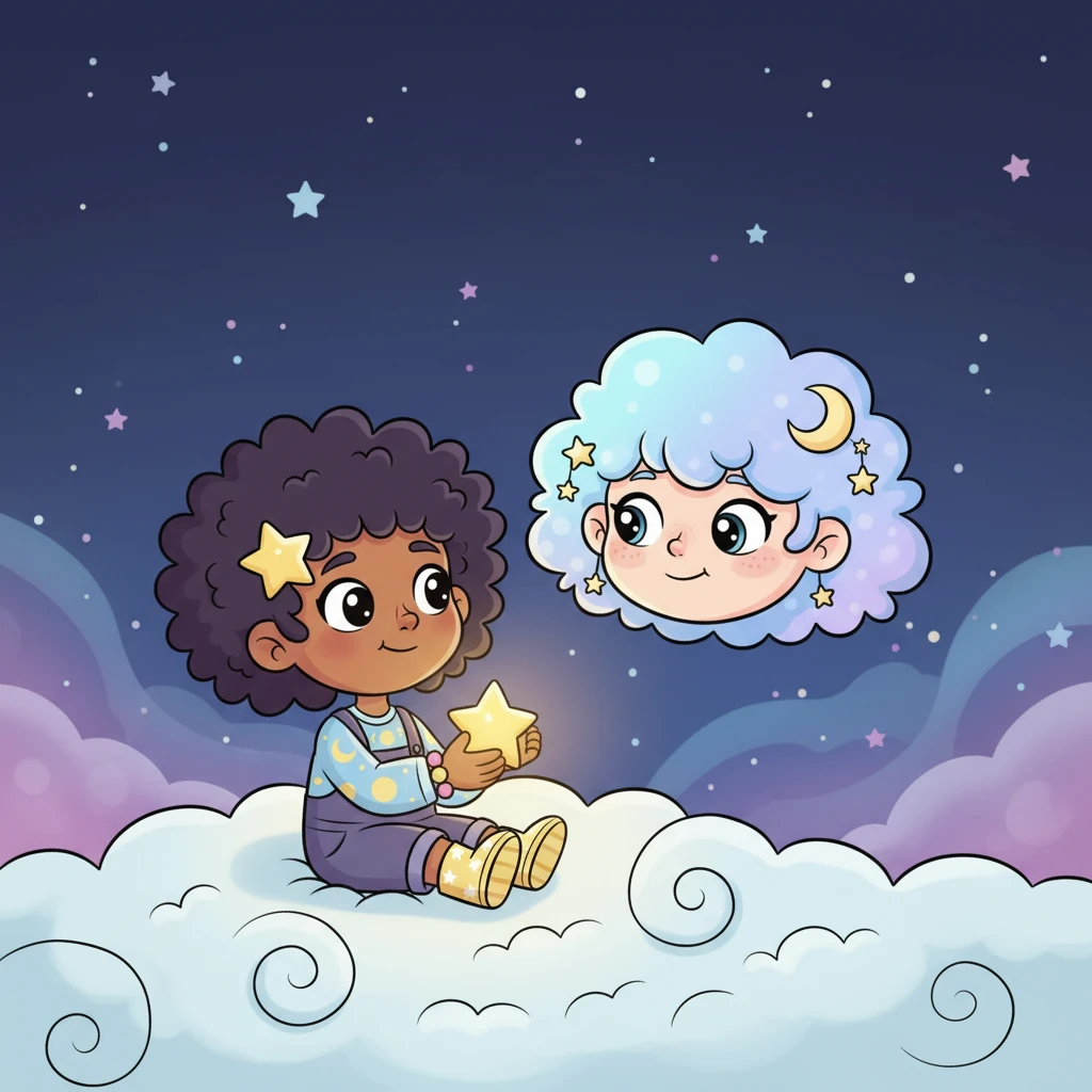 “Hello, little star,” whispered the Moon, its voice like a soft lullaby. “Why do you hide your beautiful light?” The Moon's expressive face radiated kindness, encouraging Luma to feel at ease. Warm lighting emphasizes their gentle conversation, making it feel intimate and reassuring.