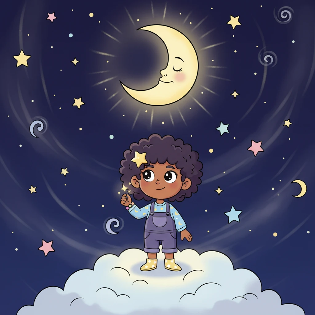 Luma's tiny voice trembled, “I... I don't think my twinkle is bright enough.” The Moon chuckled softly, its light shimmering. “Every star has a unique light, Luma. Try a tiny twinkle, just for me.” Luma looked up at the Moon, a hint of curiosity replacing her shyness.