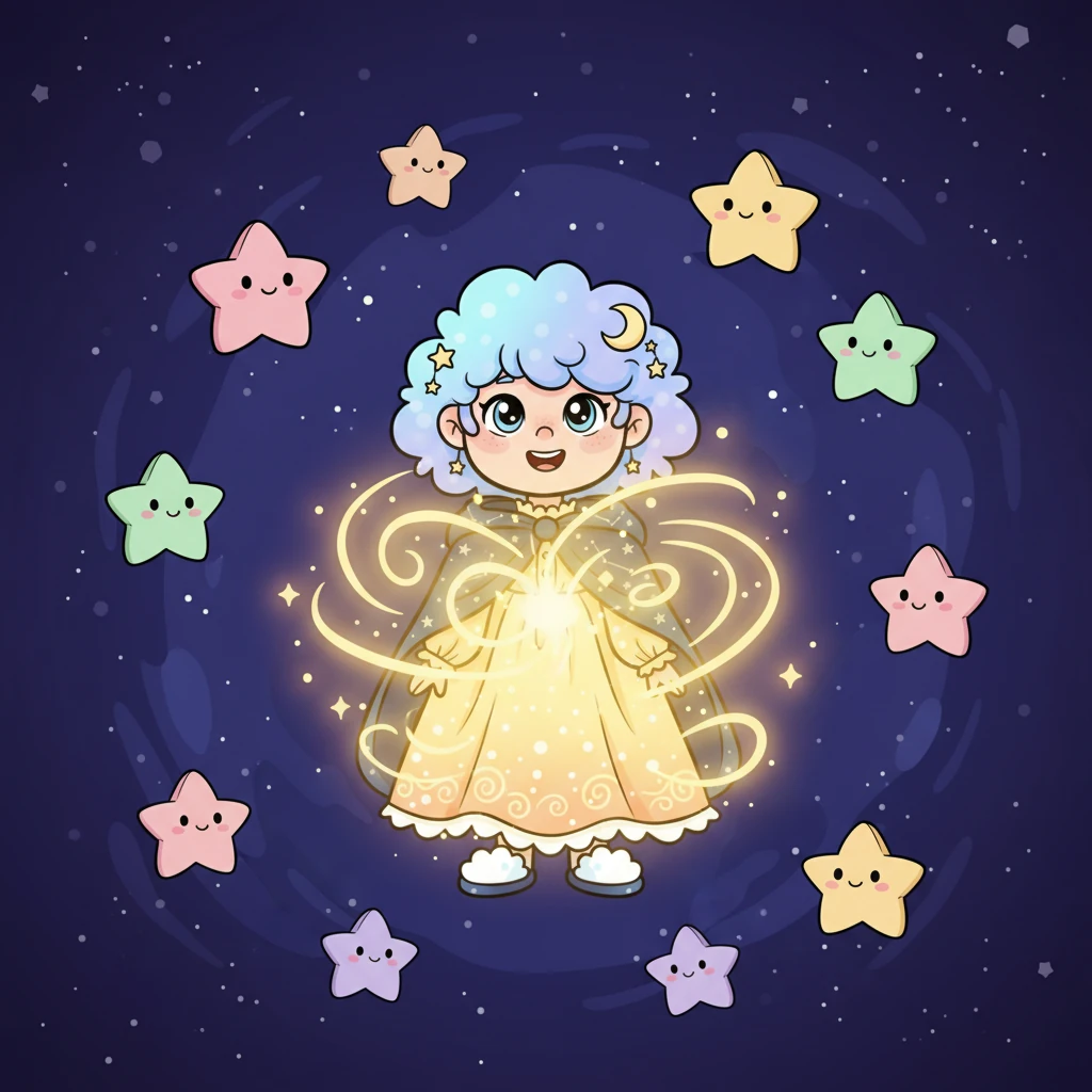 With a burst of newfound confidence, Luma opened her eyes and twinkled with all her might! Her light wasn't the biggest, but it was uniquely hers, a beautiful, radiant glow that danced with joy. Other stars paused their own twinkling, noticing Luma's bright, happy light and smiling gently.
