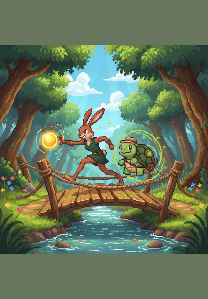 In a lush, sun-dappled forest, a boastful hare named Tino shows off his speed by racing past a group of amazed squirrels and birds.