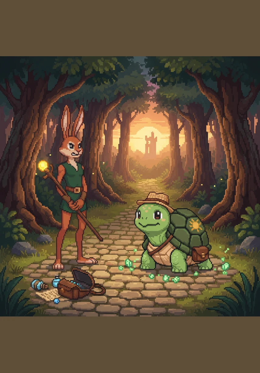 Tired of the hare's constant bragging, a gentle tortoise named Toto calmly proposes a race to the great oak tree on the far side of the hill.