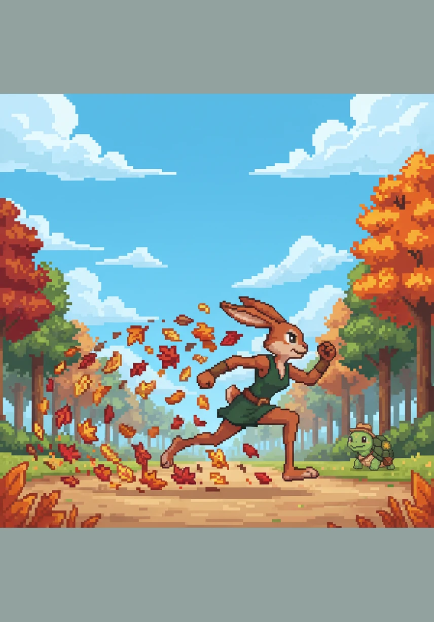 The race begins under a bright blue sky, and Tino zooms away instantly, leaving a trail of swirling leaves and a very distant Toto behind.