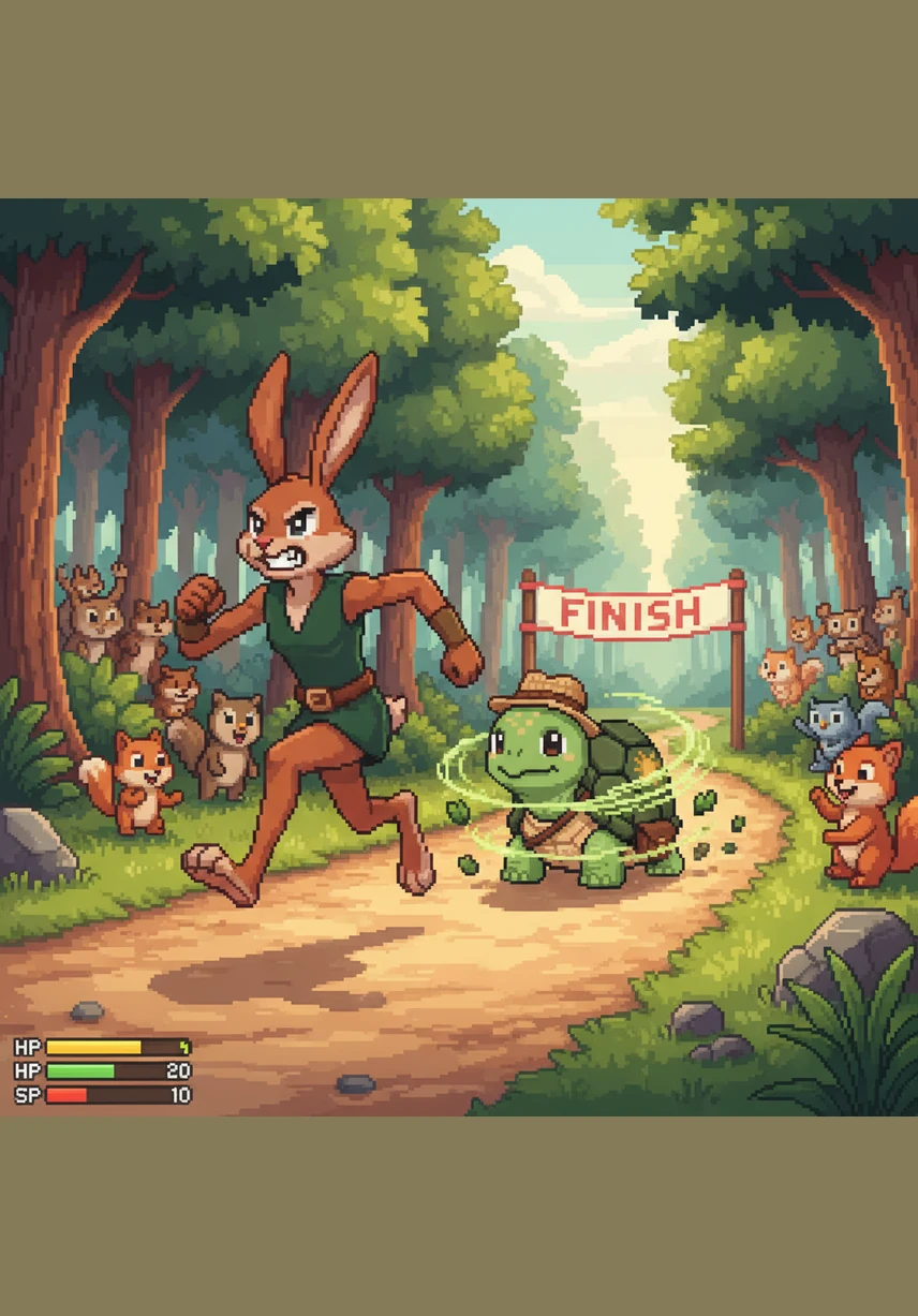 Tino reaches the halfway point in record time and stops to look back, laughing loudly because Toto is still just a tiny speck in the distance.