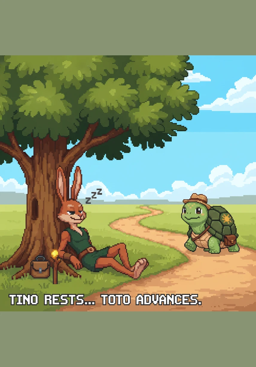 Confident in his lead, Tino decides to rest his legs in the tall, soft grass beneath a shady tree and soon falls into a deep, peaceful slumber.