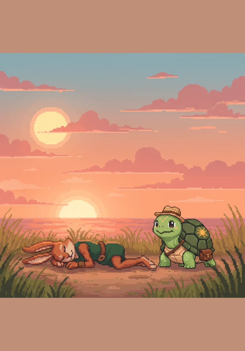 The sun begins to set, painting the sky in shades of orange and pink, as Toto quietly crawls past the sleeping Tino without waking him.
