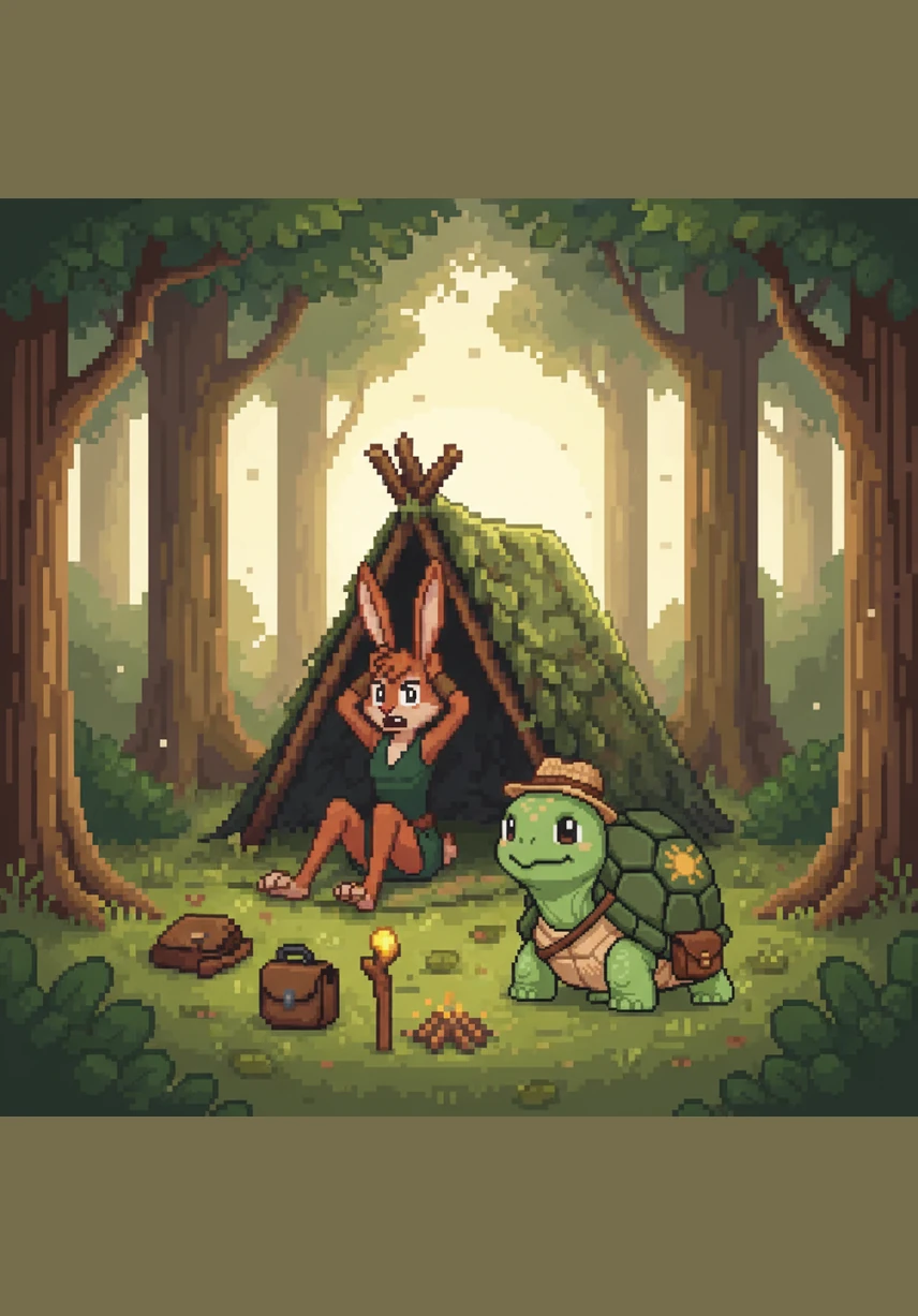 Tino wakes up with a start as the forest grows quiet and the air turns cool, suddenly realizing that he has slept through most of the day.