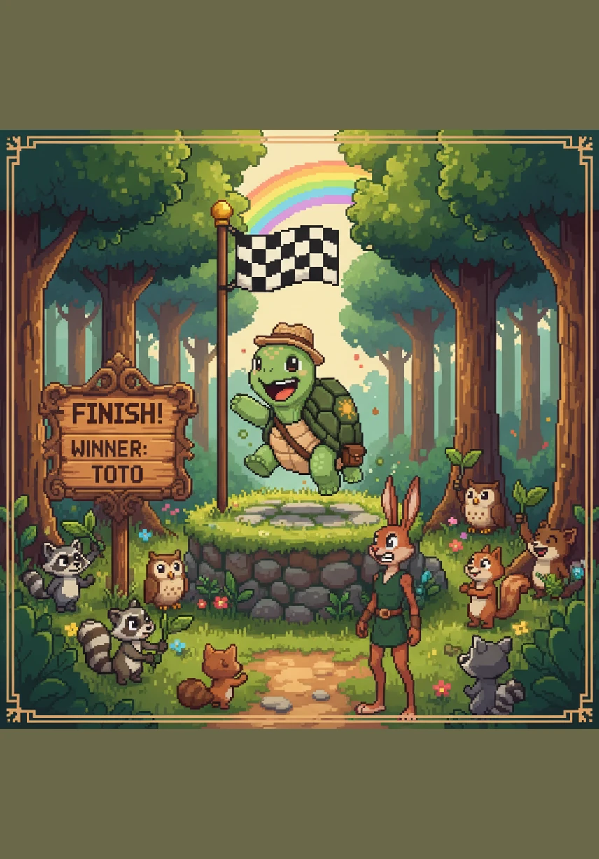 Toto crosses the finish line to the cheers of all the forest animals, proving that patience and steady effort are more powerful than speed alone.