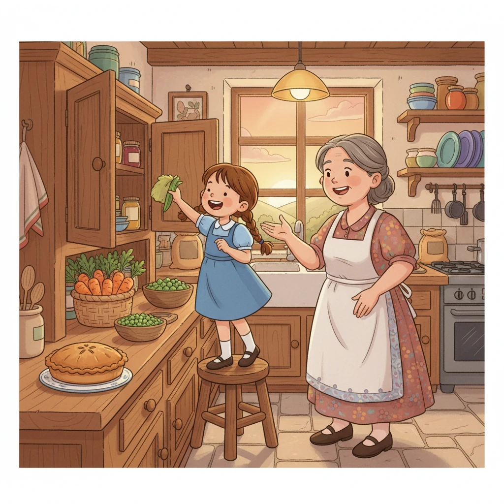 “Let’s cook something delicious!” Aunt Mary declared, her eyes twinkling. They rummaged through the cupboard and found carrots, peas, and a small piece of pork pie. Lily’s tummy rumbled with anticipation; dinner sounded perfect!