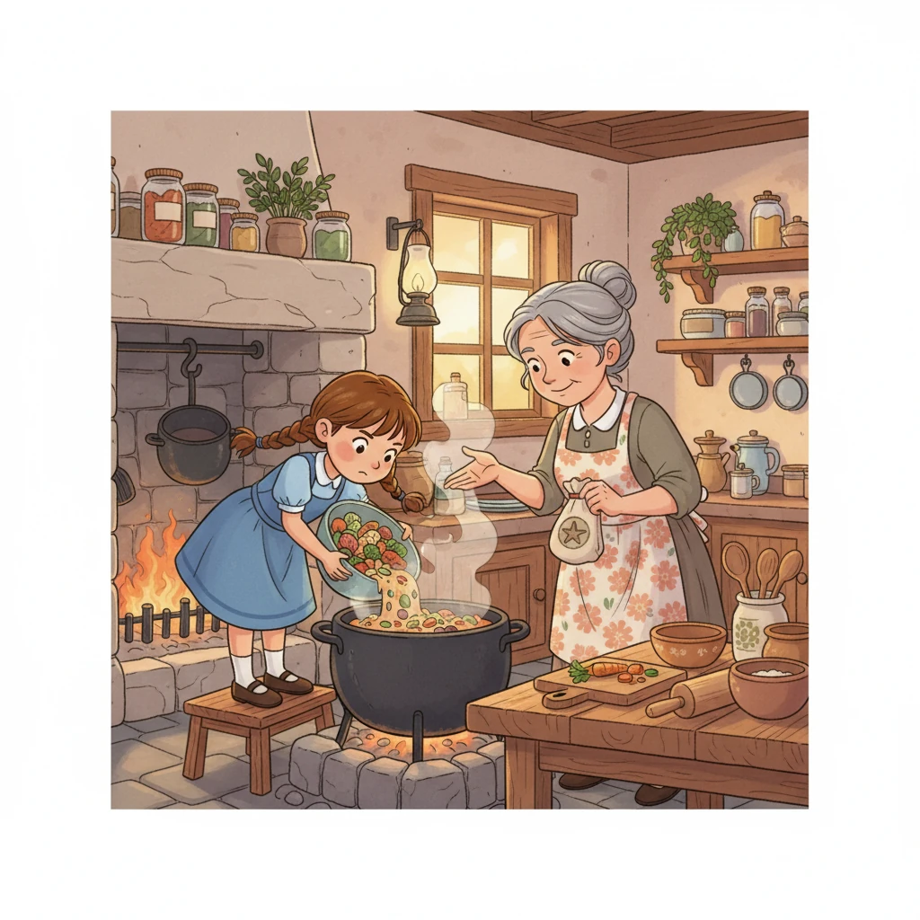 With focused expressions, they began preparing their meal. Aunt Mary instructed Lily to empty everything into a pot and add something to thicken the gravy. Lily carefully followed the instructions, eager to help create a culinary masterpiece.
