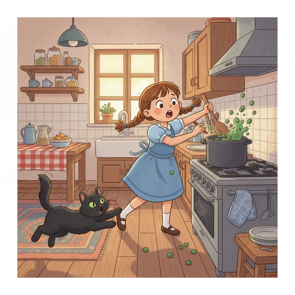 Lily stirred with enthusiasm, perhaps a bit *too* much enthusiasm! Suddenly, a cascade of peas leapt out of the pot, scattering across the kitchen floor. The cat, startled by the pea-plosion, darted away in a flash.
