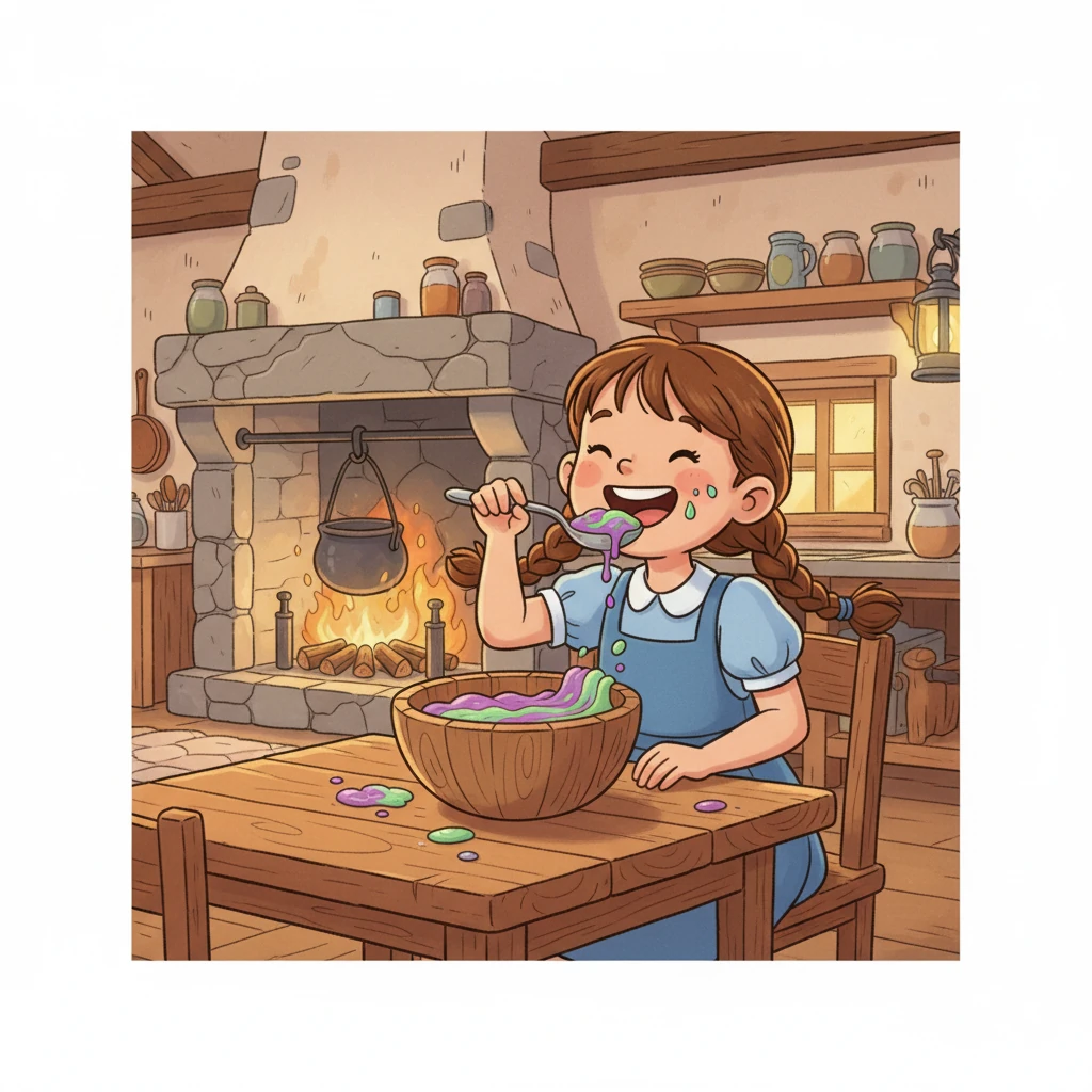 Aunt Mary, ever the calm one, decided to taste-test the concoction. She took a spoonful, her face crinkling with a smile. “It tastes wonderful,” she said, “but next time, dear, use the spoon with a little more care!”