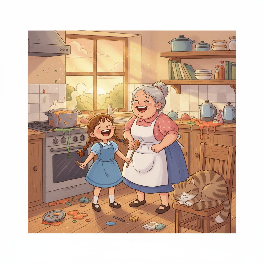 They both burst into laughter, the chaos of the kitchen forgotten. As the evening drew to a close, Lily learned two important lessons: to appreciate Aunt Mary’s cooking and always remember to close the lid before stirring! The memory would bring warmth for a lifetime.