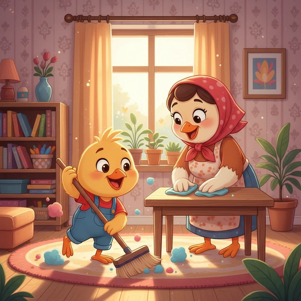 Pencerita: Assalamualaikum, teman-teman! Mari kita belajar tentang hari-hari dalam seminggu dalam Bahasa Arab bersama Didi & Friends! Hari pertama kita adalah يوم الأحد - Yaumul Ahad, Hari Ahad! Didi membantu ibu membersihkan rumah, dengan gembiranya dia menyapu dan mengelap.